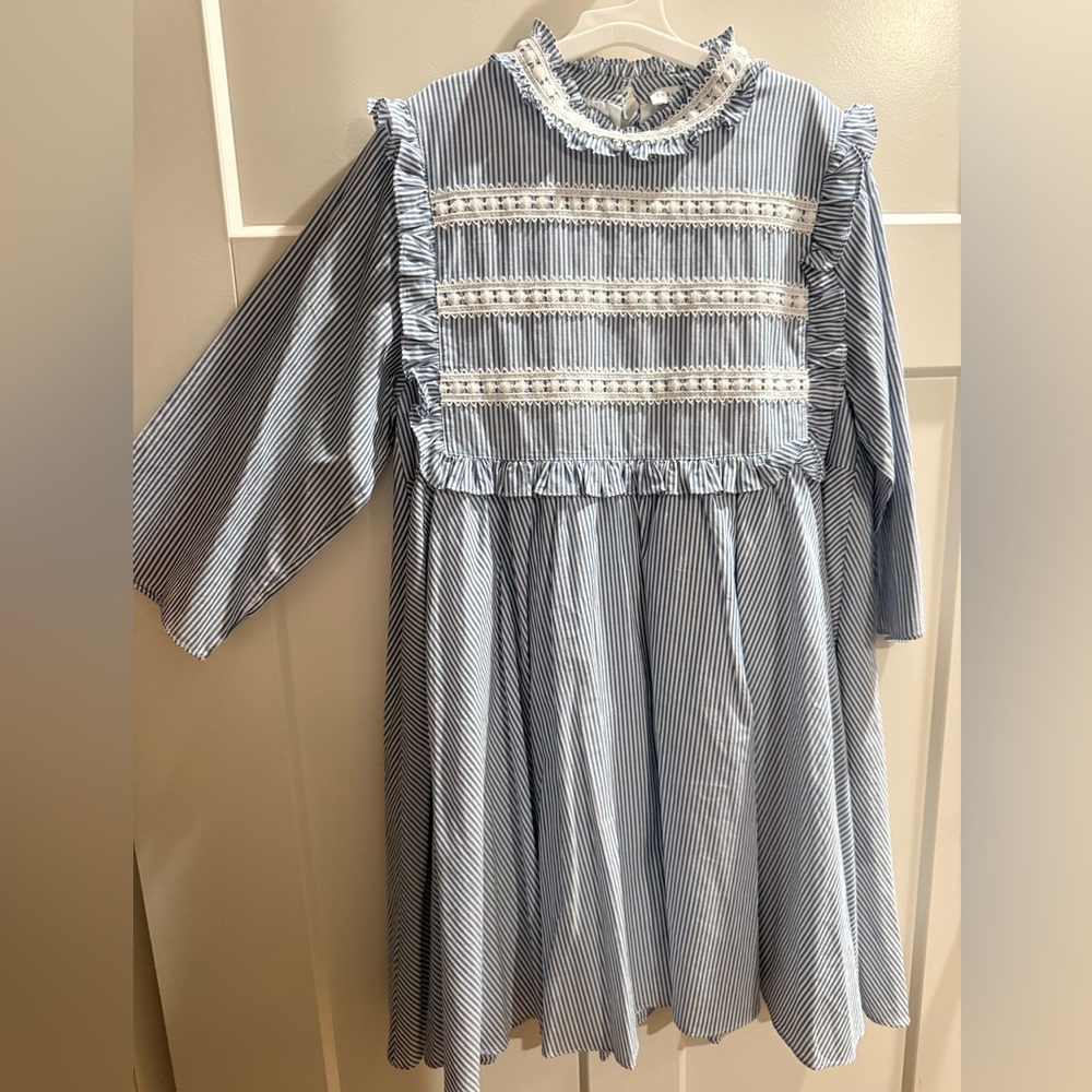 SOLD English Factory Blue and White Striped Dress with Lace Trim